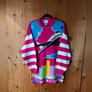 Cervelle Vintage Multicolor Cotton Blend Airplane Theme Knit Sweater
